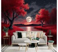 3D Carta da Parati Bellezza Foresta Rossa Fiume Luna Piena Cielo Stellato | Texture in Seta di Alta Qualità Ideale per Studi Uffici Sale da Pranzo Divani Camere Letto Soggiorni Dietro la TV-400cm×280cm