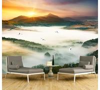3D Carta Da Parati Bellezza Sole Montagne E Fiumi Uccelli In Volo Panorama | Facile da Installare Ideale per Decorazioni di Lusso su Misura Uffici Soggiorni Camere Letto Pareti Dietro il TV-350cm×256cm
