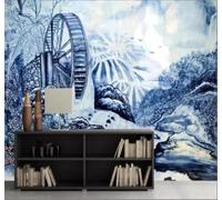 3D Carta Da Parati Bianco E Blu Porcellana Dipinto A Mano Mulino Ad Acqua | Facile da Installare Ideale per Decorazioni di Lusso su Misura Uffici Soggiorni Camere Letto Pareti Dietro il TV-350cm×256cm