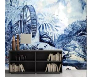 3D Carta Da Parati Bianco E Blu Porcellana Dipinto A Mano Mulino Ad Acqua | Facile da Installare Ideale per Decorazioni di Lusso su Misura Uffici Soggiorni Camere Letto Pareti Dietro il TV-350cm×256cm