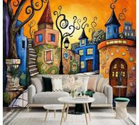 3D Carta da Parati Cartoni Animati Strade Cittadine Case Alberi Arte | Murales Creativi e Moderni Per la Casa Studio Soggiorno Camera da Letto Divano Sfondi Decorazioni Murali di Lusso-250cm×170cm