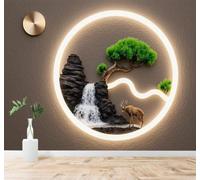3D Carta da Parati Cascata Cervo Bonsai Giochi Di Luce Circolari Arte | Texture in Seta di Alta Qualità Ideale per Studi Uffici Sale da Pranzo Divani Camere Letto Soggiorni Dietro la TV-300cm×210cm