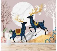 3D Carta da Parati Cervo Blu Corna Dorate Alberi Luna Piena Paesaggio | Texture in Seta di Alta Qualità Ideale per Studi Uffici Sale da Pranzo Divani Camere Letto Soggiorni Dietro la TV-400cm×280cm