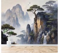 3D Carta da Parati Cime Avvolte Dalla Nebbia Cascate Pini Uccelli Paesaggi | Tessuto in Seta Con Trama Raffinata Ideale per Soggiorni Camere da Letto Studi Uffici Sale Pranzo Pareti Dietro-400cm×280cm