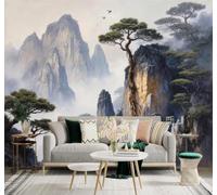 3D Carta da Parati Cime Avvolte Dalla Nebbia Cascate Pini Uccelli Paesaggi | Texture in Seta di Alta Qualità Ideale per Studi Uffici Sale da Pranzo Divani Camere Letto Soggiorni Dietro la TV-200cm×140cm