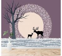 3D Carta da Parati Creativo Cervo Silhouette Di Alberi Luna Splendente | Texture in Seta di Alta Qualità Ideale per Studi Uffici Sale da Pranzo Divani Camere Letto Soggiorni Dietro la TV-300cm×210cm
