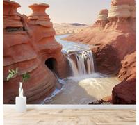 3D Carta da Parati Deserto Canyon Cascata Rocce Rosse Fiume Che Scorre | Texture in Seta di Alta Qualità Ideale per Studi Uffici Sale da Pranzo Divani Camere Letto Soggiorni Dietro la TV-350cm×256cm
