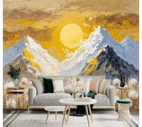 3D Carta da Parati Disegnato A Mano Alba Dorata Montagna Innevata Prato | Texture in Seta di Alta Qualità Ideale per Studi Uffici Sale da Pranzo Divani Camere Letto Soggiorni Dietro la TV-200cm×140cm