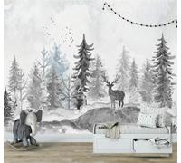3D Carta Da Parati Disegnato A Mano In Bianco E Nero Foresta Alci Paesaggio | Facile da Installare Ideale per Decorazioni di Lusso su Misura Uffici Soggiorni Camere Letto Pareti Dietro il TV-400cm×280cm