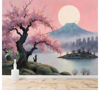 3D Carta da Parati Estetico Albero Di Ciliegio Rosa Luna Piena Vette Fiume | Tessuto in Seta Con Trama Raffinata Ideale per Soggiorni Camere da Letto Studi Uffici Sale Pranzo Pareti Dietro-350cm×256cm
