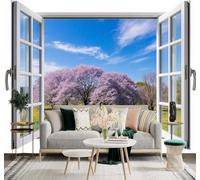 3D Carta da Parati Finestra Ciliegio In Fiore Rosa Cielo Azzurro Nuvole | Texture in Seta di Alta Qualità Ideale per Studi Uffici Sale da Pranzo Divani Camere Letto Soggiorni Dietro la TV-200cm×140cm
