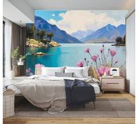 3D Carta da Parati Fiume Fiori Selvatici Rosa Vette Cielo Azzurro Paesaggio | Murales Creativi e Moderni Per la Casa Studio Soggiorno Camera da Letto Divano Sfondi Decorazioni Murali di Lusso-150cm×105cm
