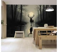 3D Carta da Parati Foresta Nebbiosa Cervi Chiaro Di Luna Riflessi Paesaggio | Tessuto in Seta Con Trama Raffinata Ideale per Soggiorni Camere da Letto Studi Uffici Sale Pranzo Pareti Dietro-350cm×256cm