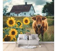 3D Carta Da Parati Fotografica Bue TNT Murale alla moda Decorazione Girasoli Da Fattoria Ristorante Soggiorno Tv Parete Camera Letto Decorazione Della Parete Murali-200x140cm