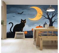 3D Carta Da Parati Gatto Nero Luna Crescente Zucca Pipistrello | Facile da Installare Ideale per Decorazioni di Lusso su Misura Uffici Soggiorni Camere Letto Pareti Dietro il TV-400cm×280cm