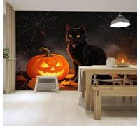 3D Carta Da Parati Gatto Nero Zucca Foglie Autunnali Luce Delle Candele | Facile da Installare Ideale per Decorazioni di Lusso su Misura Uffici Soggiorni Camere Letto Pareti Dietro il TV-350cm×256cm