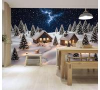 3D Carta da Parati Inverno Pini Cielo Stellato Accogliente Casetta Innevato | Murales Creativi e Moderni Per la Casa Studio Soggiorno Camera da Letto Divano Sfondi Decorazioni Murali di Lusso-400cm×280cm