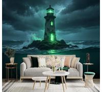 3D Carta Da Parati Luce Verde Faro Onde Del Mare Relitto | Facile da Installare Ideale per Decorazioni di Lusso su Misura Uffici Soggiorni Camere Letto Pareti Dietro il TV-430cm×300cm