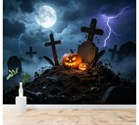3D Carta Da Parati Luna Piena Cimitero Fulmine Zucca | Facile da Installare Ideale per Decorazioni di Lusso su Misura Uffici Soggiorni Camere Letto Pareti Dietro il TV-430cm×300cm