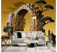 3D Carta da Parati Lussuoso Pagoda Dorata Edificio Circolare Bonsai Di Pino | Tessuto in Seta Con Trama Raffinata Ideale per Soggiorni Camere da Letto Studi Uffici Sale Pranzo Pareti Dietro-400cm×280cm