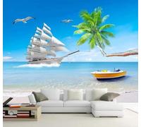 3D Carta Da Parati Mare Barca A Vela Volo degli Uccelli Spiaggia Panorama | Facile da Installare Ideale per Decorazioni di Lusso su Misura Uffici Soggiorni Camere Letto Pareti Dietro il TV-250cm×170cm