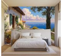 3D Carta da Parati Mare Blu Architettura Alberi Terrazza Vista Sul Mare | Murales Creativi e Moderni Per la Casa Studio Soggiorno Camera da Letto Divano Sfondi Decorazioni Murali di Lusso-150cm×105cm