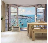 3D Carta da Parati Mare Blu Finestra Barca A Vela Città Costiera Paesaggio | Texture in Seta di Alta Qualità Ideale per Studi Uffici Sale da Pranzo Divani Camere Letto Soggiorni Dietro la TV-350cm×256cm