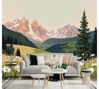 3D Carta da Parati Montagna Circondata Da Fiori Selvatici Cime Innevate | Texture in Seta di Alta Qualità Ideale per Studi Uffici Sale da Pranzo Divani Camere Letto Soggiorni Dietro la TV-200cm×140cm