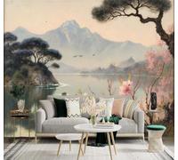 3D Carta da Parati Montagne Ciliegi In Fiore Rosa Lago Uccelli In Vol | Texture in Seta di Alta Qualità Ideale per Studi Uffici Sale da Pranzo Divani Camere Letto Soggiorni Dietro la TV-430cm×300cm