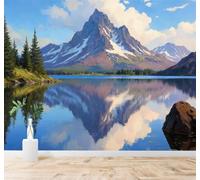 3D Carta da Parati Montagne Innevate Lago Pini Cielo Azzurro Riflessi | Seta Testurizzata di Alta Qualità Ideale per Studio Sala Pranzo Soggiorno Camera Letto Divano Decorazione TV Muro-200cm×140cm
