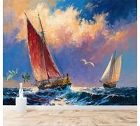 3D Carta da Parati Onde Barca A Vela Tramonto Cielo Volo degli Uccelli | Seta Testurizzata di Alta Qualità Ideale per Studio Sala Pranzo Soggiorno Camera Letto Divano Decorazione TV Muro-430cm×300cm