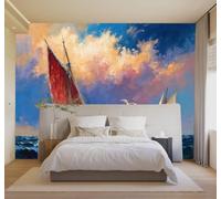 3D Carta da Parati Onde Barca A Vela Tramonto Cielo Volo degli Uccelli | Texture in Seta di Alta Qualità Ideale per Studi Uffici Sale da Pranzo Divani Camere Letto Soggiorni Dietro la TV-200cm×140cm