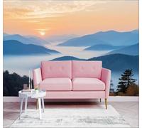 3D Carta da Parati Paesaggio Montano Avvolto Dalla Nebbia Alba Valle Pini | Tessuto in Seta Con Trama Raffinata Ideale per Soggiorni Camere da Letto Studi Uffici Sale Pranzo Pareti Dietro-300cm×210cm