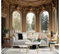 3D Carta da Parati Palazzo Elegante Finestre Ad Arco Pareti Dorate Panorama | Tessuto in Seta Con Trama Raffinata Ideale per Soggiorni Camere da Letto Studi Uffici Sale Pranzo Pareti Dietro-430cm×300cm