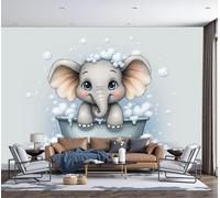 3D Carta Da Parati Panoramica Elefante Che Fa Il Bagno, Seta Murali Panoramica Stile Di Illustrazione Dei Cartoni Animati per Salotto Camera Da Letto Ufficio Corridoio 350x256cm