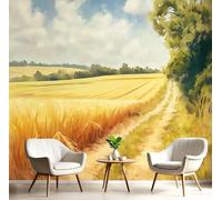 3D Carta Da Parati Panoramica Giallo Dorato Strada Sterrata Nel Campo Di Grano 300X210Cm Seta Murali Panoramica Fattoria Pastorale Per Soggiorno,Adulto Camera Dei Bambini,Ristorante Decorazione
