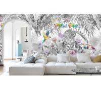 3D - Carta da parati panoramica giungla in seta tropicale, 300 x 210 cm, in bianco e nero e nero, piante fiorite, foglia, uccello pappagallo grandi murali, poster per soggiorno, camera da letto,