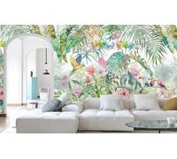 3D - Carta da parati panoramica giungla in seta tropicale, 410 x 280 cm, colorata, piante, fiori, foglia, uccello, pappagallo, grandi murali, poster per soggiorno, camera da letto, adulti, bambini,