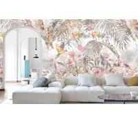 3D - Carta da parati panoramica giungla in seta tropicale, 410 x 280 cm, rosa, piante, fiori, foglia, uccello, pappagallo grandi murali, poster per soggiorno, camera da letto, adulto e bambini, studio
