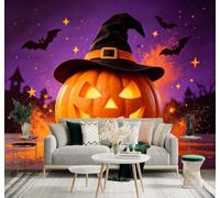 3D Carta Da Parati Pipistrello Zucca Viola Cielo Stellato | Facile da Installare Ideale per Decorazioni di Lusso su Misura Uffici Soggiorni Camere Letto Pareti Dietro il TV-150cm×105cm