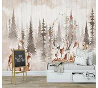 3D Carta Da Parati Retro Venature Del Legno Dipinto A Mano Foresta Cervo | Facile da Installare Ideale per Decorazioni di Lusso su Misura Uffici Soggiorni Camere Letto Pareti Dietro il TV-350cm×256cm