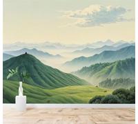 3D Carta da Parati Rinfrescante Montagne Verdi Avvolte Dalla Nebbia Colline | Tessuto in Seta Con Trama Raffinata Ideale per Soggiorni Camere da Letto Studi Uffici Sale Pranzo Pareti Dietro-400cm×280cm