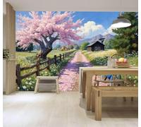 3D Carta da Parati Sentieri Di Campagna Fiori Ciliegio Casette Biciclette | Murales Creativi e Moderni Per la Casa Studio Soggiorno Camera da Letto Divano Sfondi Decorazioni Murali di Lusso-150cm×105cm