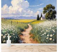 3D Carta da Parati Sentiero Cielo Azzurro Case Prato Paesaggio Rurale | Seta Testurizzata di Alta Qualità Ideale per Studio Sala Pranzo Soggiorno Camera Letto Divano Decorazione TV Muro-250cm×170cm