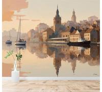 3D Carta da Parati Stile Retrò Architettura Urbana Fiumi Barchette Riflessi | Murales Creativi e Moderni Per la Casa Studio Soggiorno Camera da Letto Divano Sfondi Decorazioni Murali di Lusso-430cm×300cm