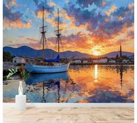 3D Carta da Parati Tramonto Barca A Vela Cielo Colorato Vette Riflessi | Texture in Seta di Alta Qualità Ideale per Studi Uffici Sale da Pranzo Divani Camere Letto Soggiorni Dietro la TV-250cm×170cm