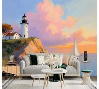 3D Carta da Parati Tramonto Faro Mare Calmo Barca A Vela Panorama Marino | Texture in Seta di Alta Qualità Ideale per Studi Uffici Sale da Pranzo Divani Camere Letto Soggiorni Dietro la TV-250cm×170cm