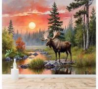3D Carta da Parati Tramonto Foresta Muschio Lungo Il Fiume Alberi Riflessi | Seta Testurizzata di Alta Qualità Ideale per Studio Sala Pranzo Soggiorno Camera Letto Divano Decorazione TV Muro-200cm×140cm