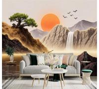 3D Carta da Parati Tramonto Lago Barca Cascata Montagne Uccelli In Volo | Texture in Seta di Alta Qualità Ideale per Studi Uffici Sale da Pranzo Divani Camere Letto Soggiorni Dietro la TV-250cm×170cm