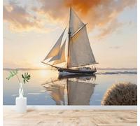 3D Carta da Parati Tramonto Mare Calmo Barca A Vela Cielo Dorato Riflessi | Texture in Seta di Alta Qualità Ideale per Studi Uffici Sale da Pranzo Divani Camere Letto Soggiorni Dietro la TV-200cm×140cm